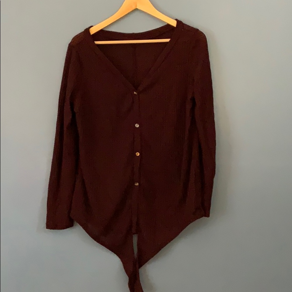 Waffle Knit Button-Up Burgundy Sweater